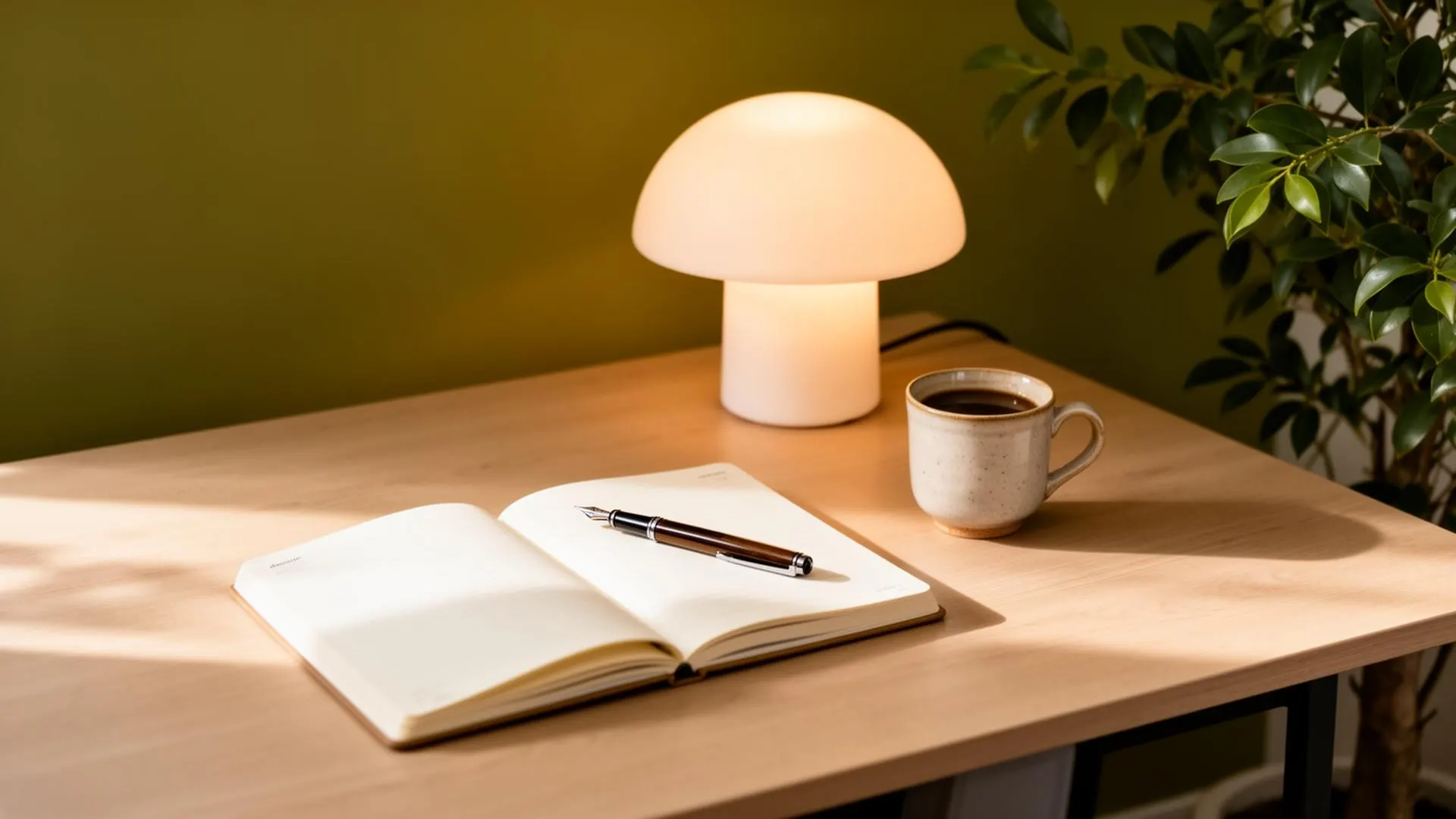 A warmly lit desk with an open notebook, pen, lamp, and plant